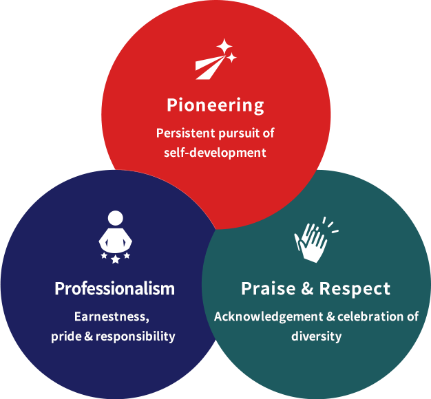 Future oriented, self-transforming, challenge-driven professionalism, respect and admiration, taking pride and responsibility in our work, understanding each other's differences, and recognizing growth